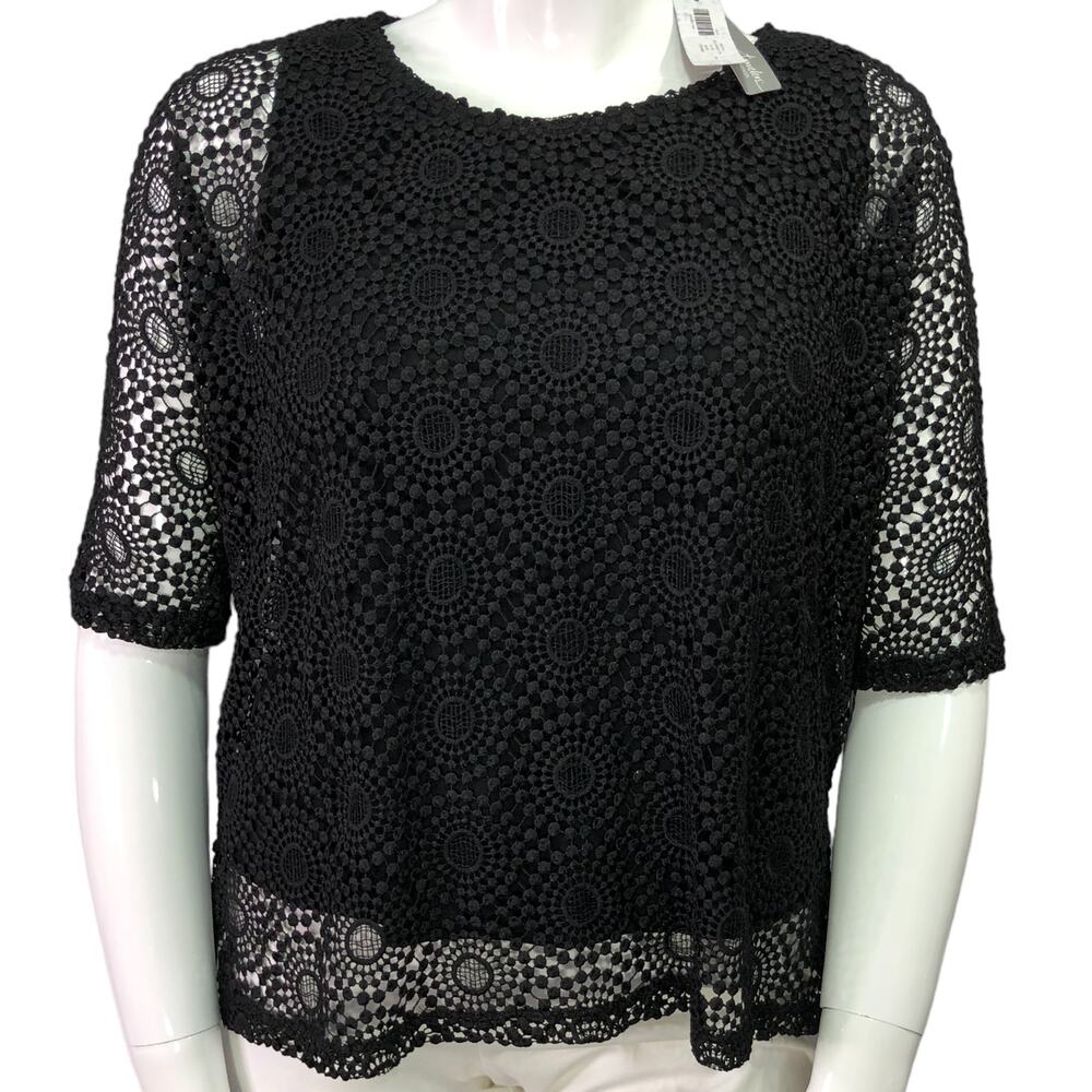Chicos Travelers Collection Size 1 US 8 Lace Overlay Top Black Crochet NEW